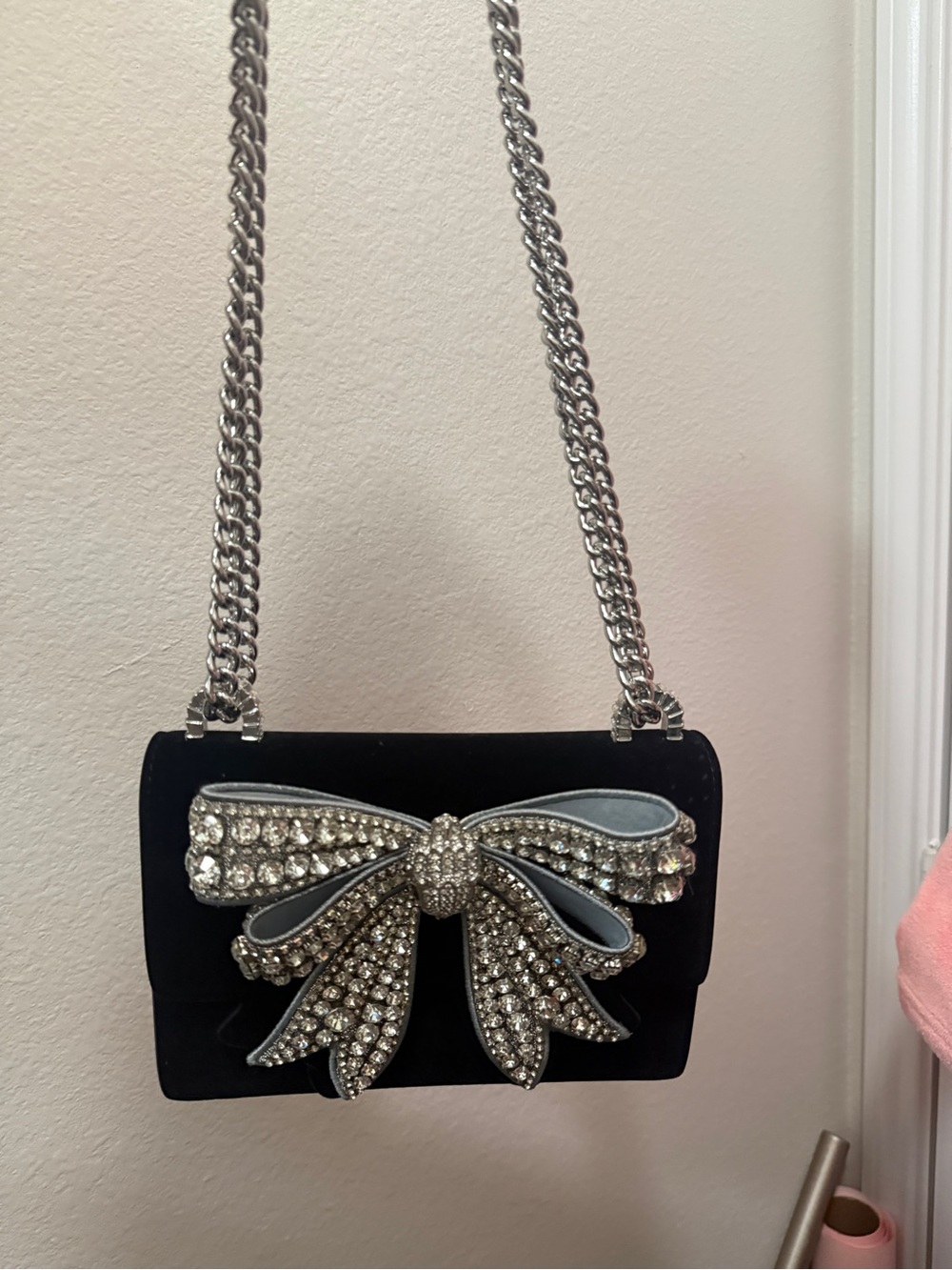 Kurt Geiger Black Velvet Crossbody with Crystal Bow